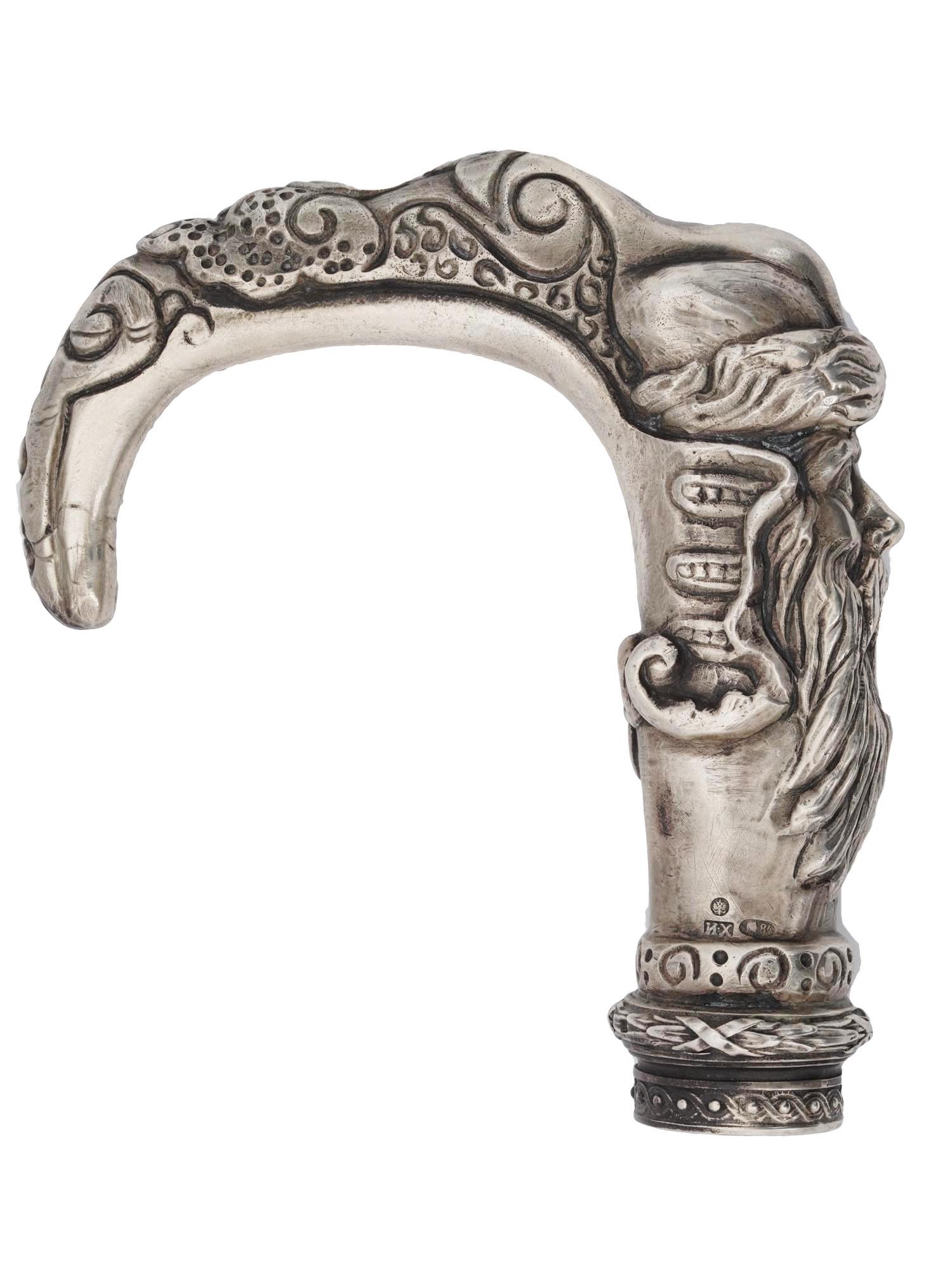 LARGE RUSSIAN SILVER CAST ARCHED CANE HANDLE PIC-2